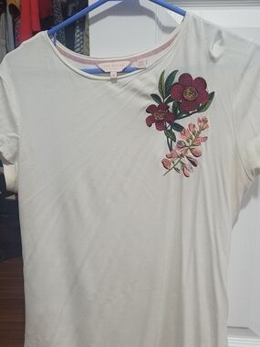 Ted Baker Cream Short Sleeve Tee with Pink and Burgundy Floral Embroidery